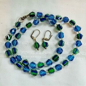 VTG‎ Faceted Glass Necklace and Earrings EUC Blue Green Handmade Lampwork Beads